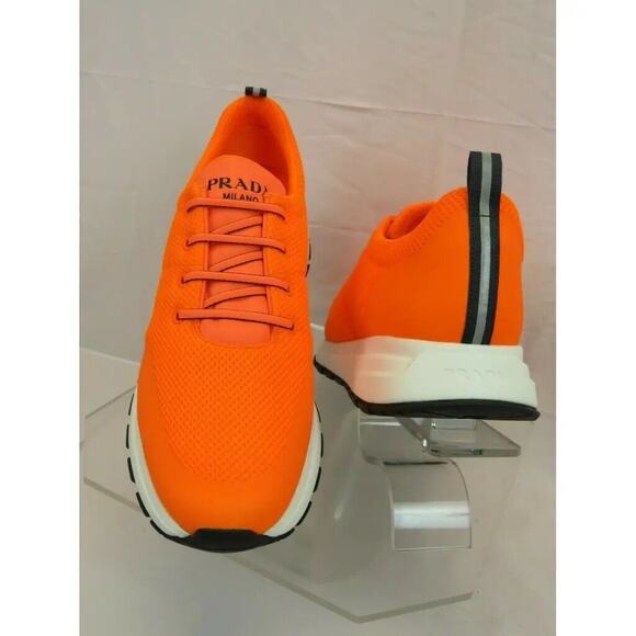 PRADA 4E3499 NEON ORANGE SPORT MESH BLACK LOGO LACE LOW TOP SNEAKERS 9 / US 10 - Picture 5 of 11